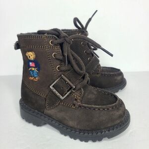 Polo Ralph Lauren Boys Leather Suede Bear Ranger Combat Hi Boots Dark Brown Sz 6